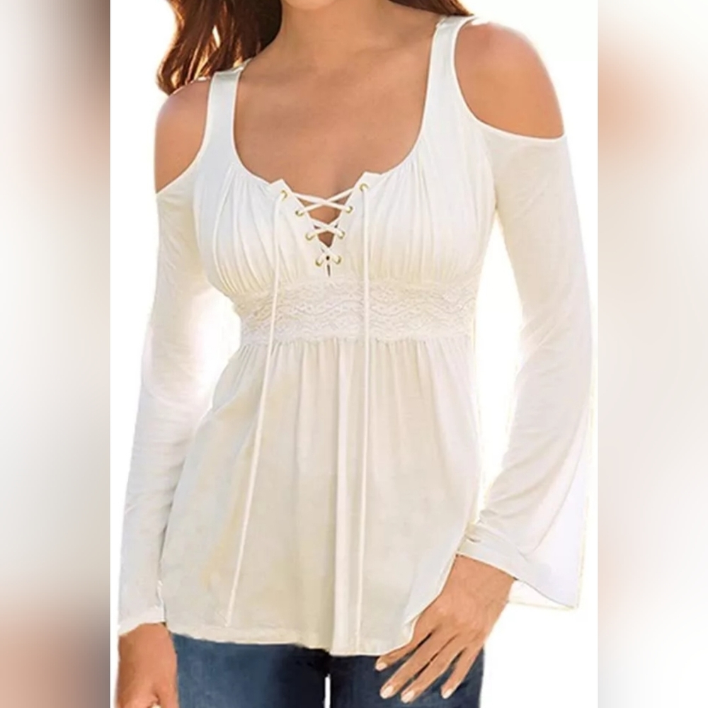 Mooncolour Women's Size M Shoulder Cut Out and Front Lace Up Long Sleeves